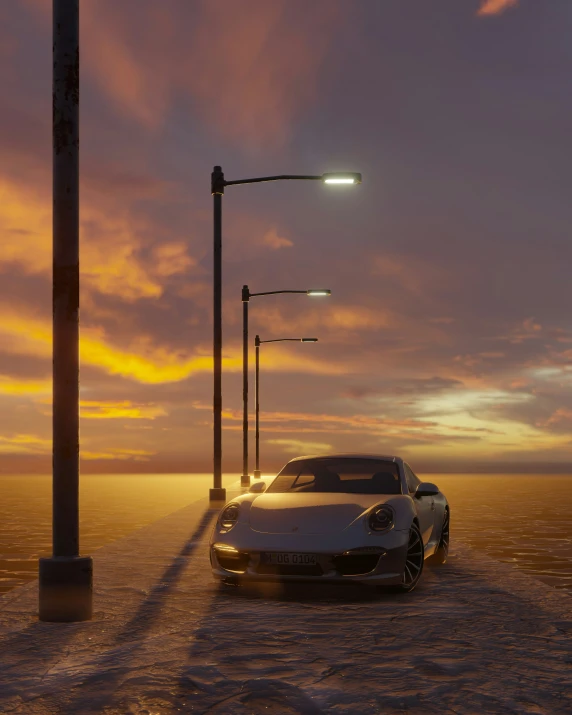 two cars parked in the snow under a street light