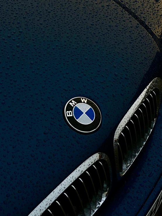 the emblem of the bmw car is wet