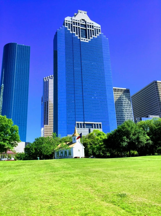 a large grassy field surrounded by tall buildings