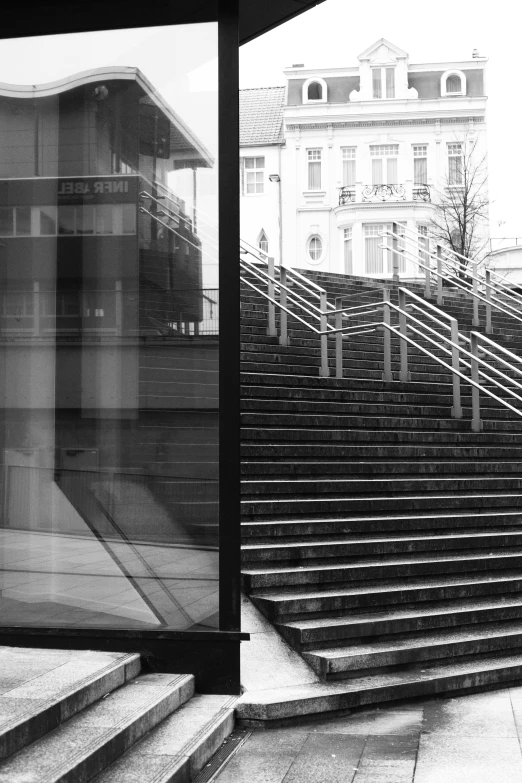 a black and white picture of the stairs at the entrance to a building