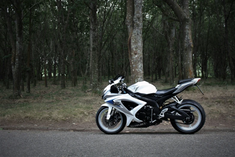 a black and white motorcycle parked in the forest