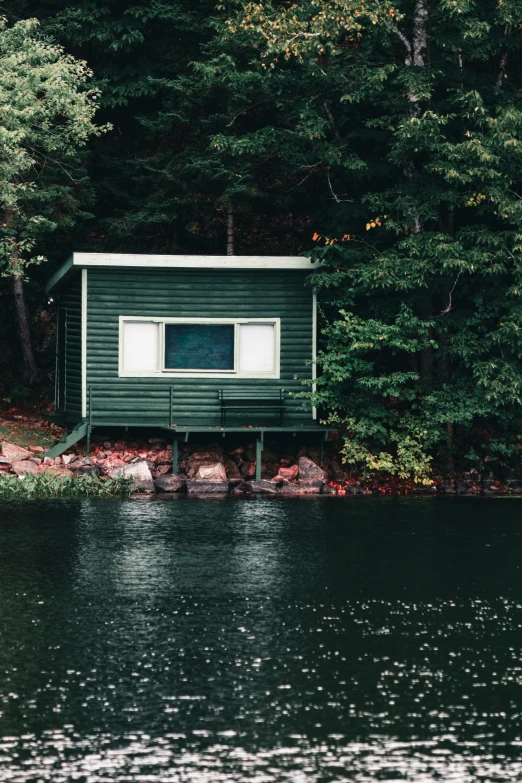 the small cabin is on a lake by itself