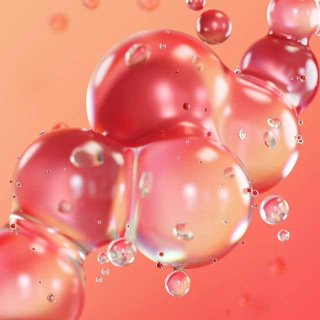 a bunch of bubbles of water on a red background