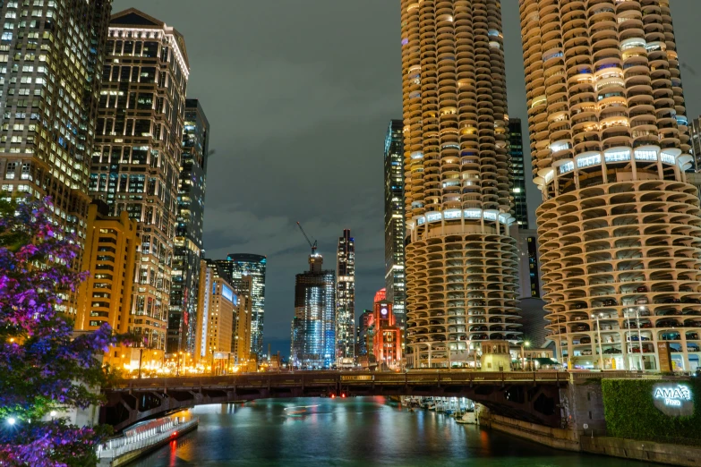 very tall buildings are lit up at night by the river