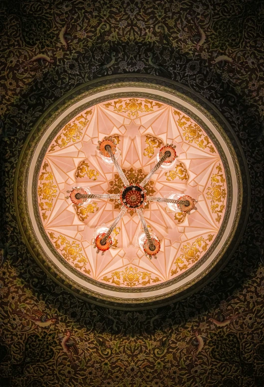 looking up at an artistic round ceiling with colorful designs