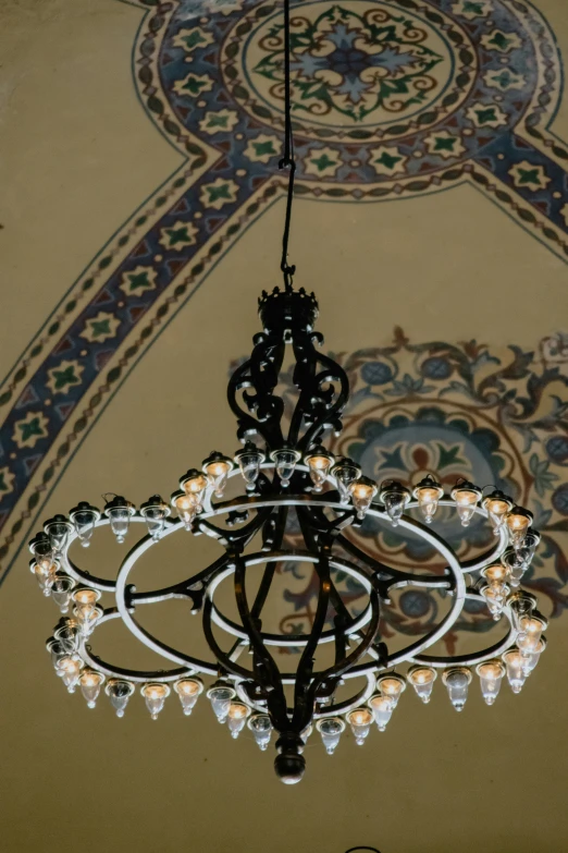 a chandelier is suspended on a fancy carpeted ceiling