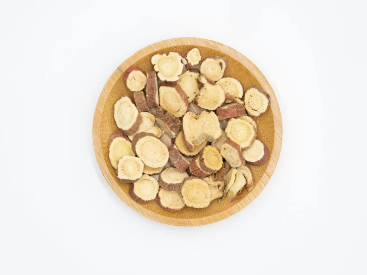 a plate full of nuts on top of a white table