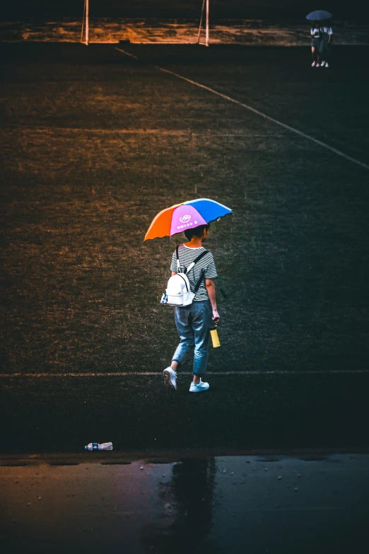 a person walking on a wet road with a colorful umbrella