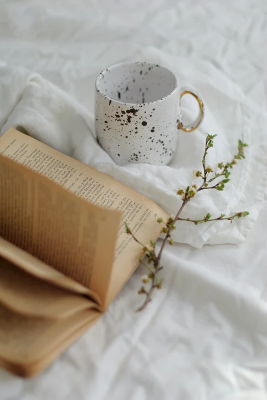 the cup on top of the book is next to an opened book