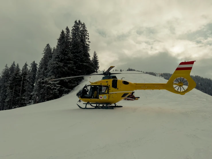 a helicopter is landing in a snowy landscape