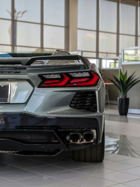 a silver car sitting in front of a plant