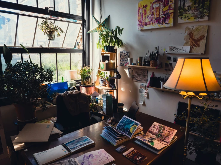 cluttered room with window in the background filled with plants