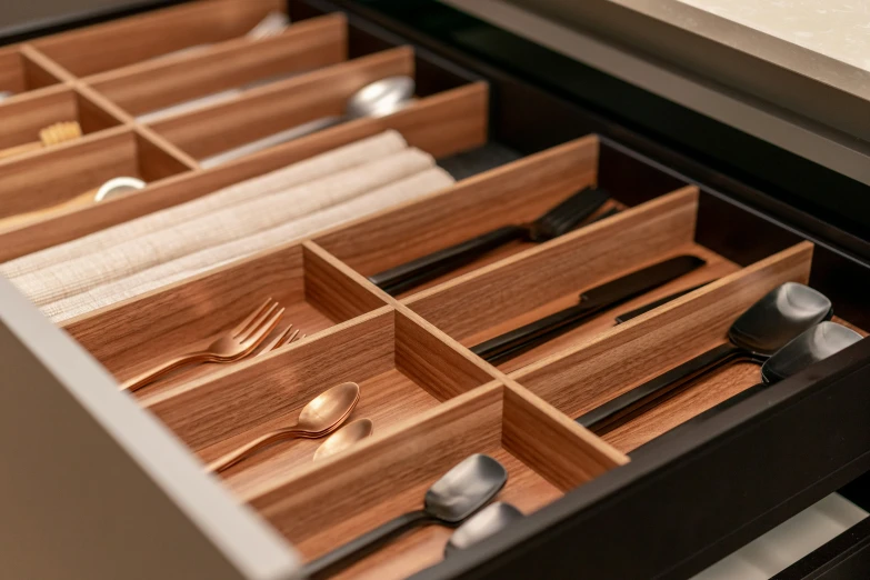 an organized drawer is made out of wooden items