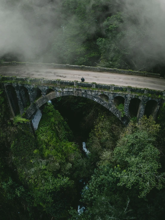 a person crossing a bridge in a rain storm