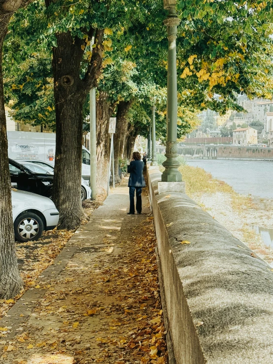 a person walking along a side walk with cars parked nearby