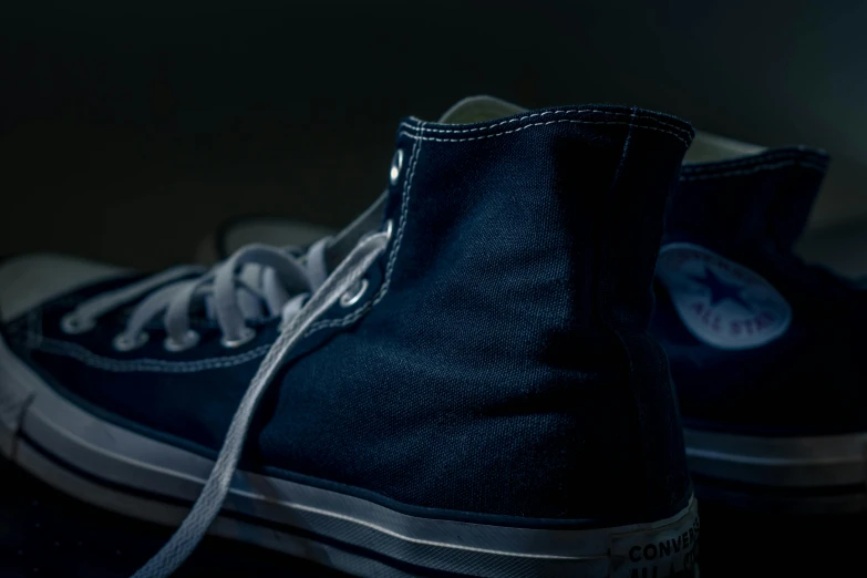 a pair of sneakers sits on top of a surface