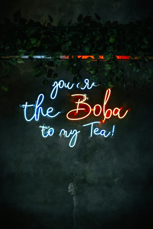 a bright neon sign is posted with the word, you're the boa to my tea