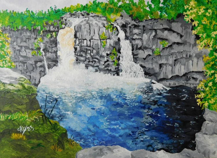 a painting of waterfalls is on display