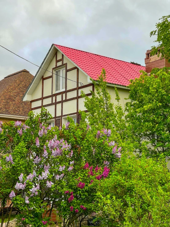 a house is shown with purple flowers in front