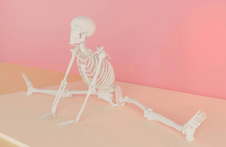 a skeleton with arms and legs sitting on a desk