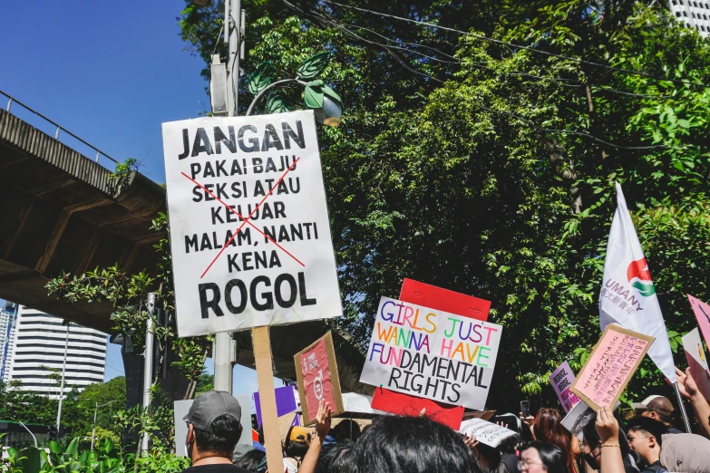 there are a lot of protesters holding up signs