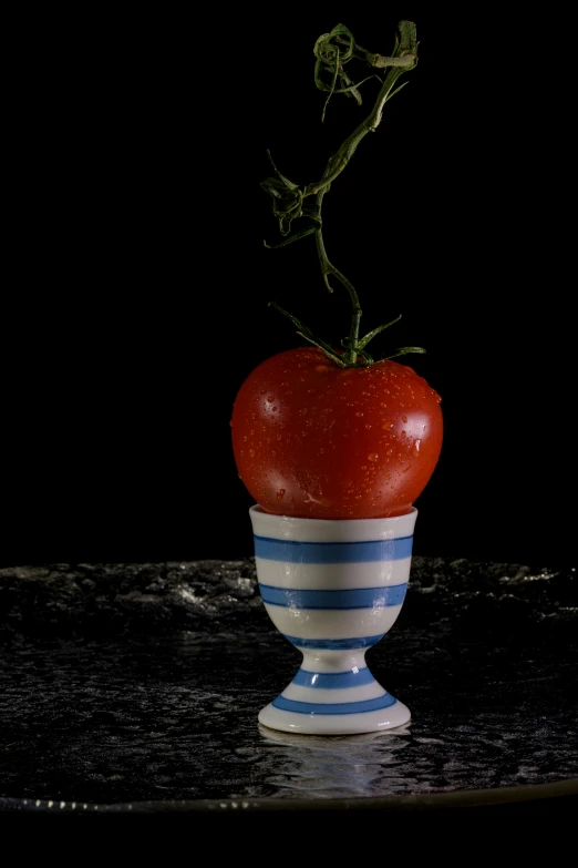 a tomato in a blue and white vase on a table