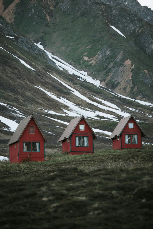 three small red houses stand in the grass