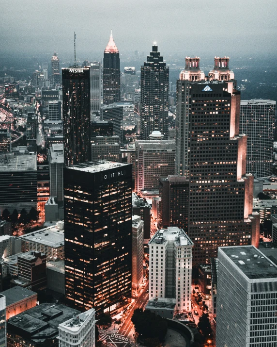 aerial view of the city at night in atlanta