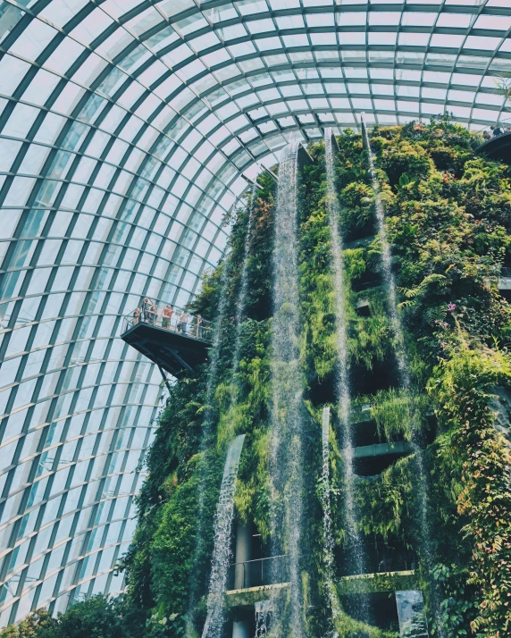 an indoor waterfall filled with lots of green plants