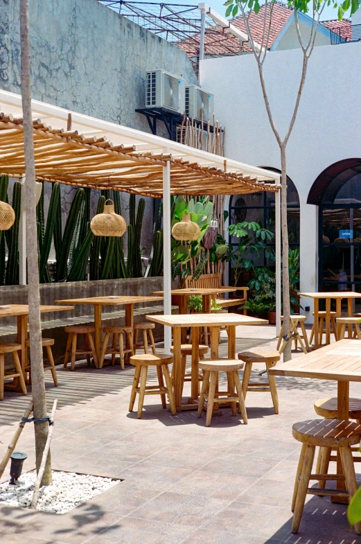 an outdoor seating area with several tables and umbrellas