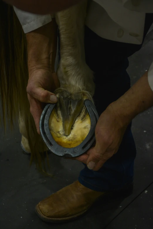 a person is holding onto a horse's tail and it has a yellow substance in its mouth