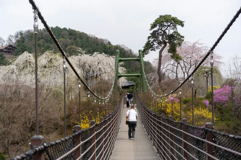 two people are walking across a wooden bridge