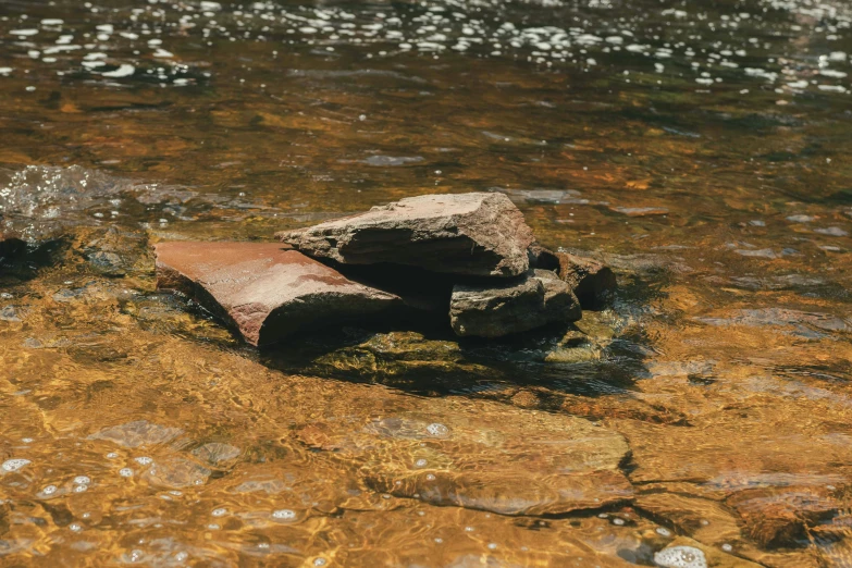 two wooden blocks laying in shallow water with a rock sticking out