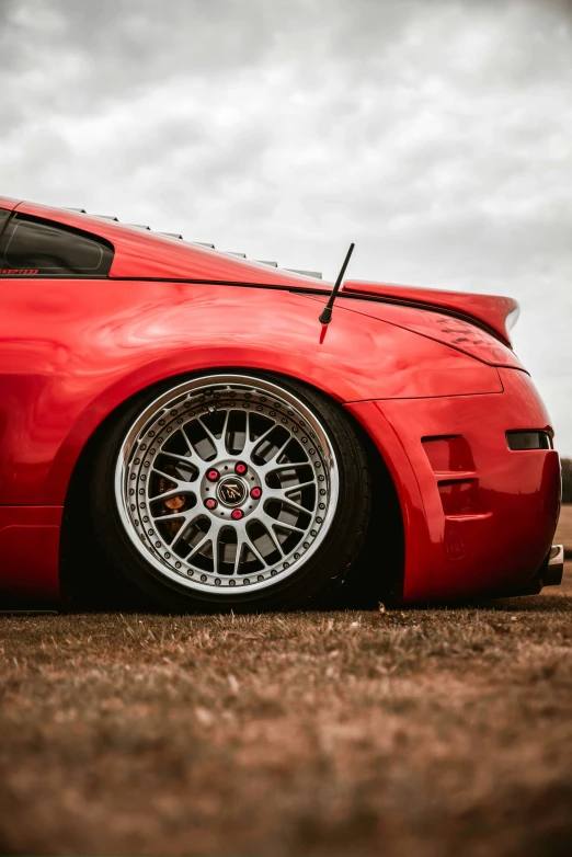 the front wheel and tires of a sports car