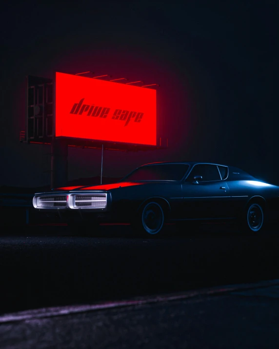 an old car is parked near a red neon sign