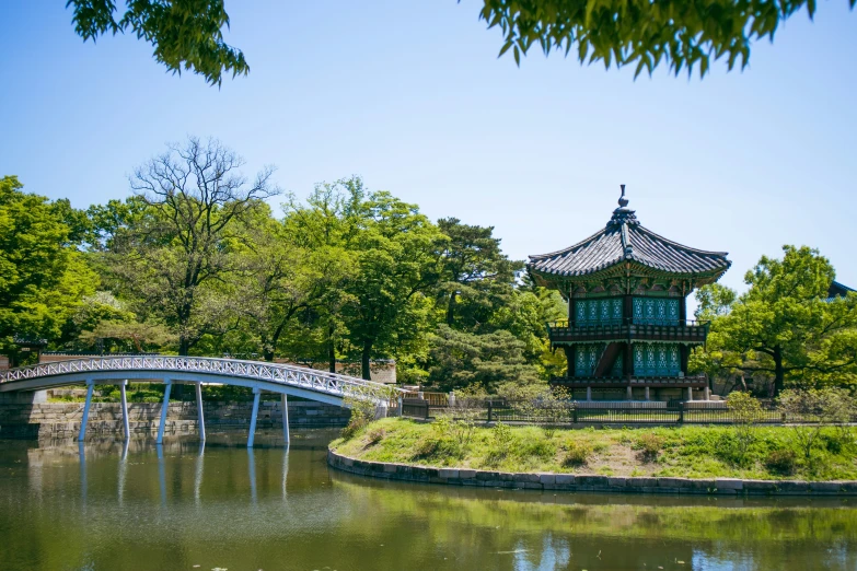 a bridge over a body of water near a building