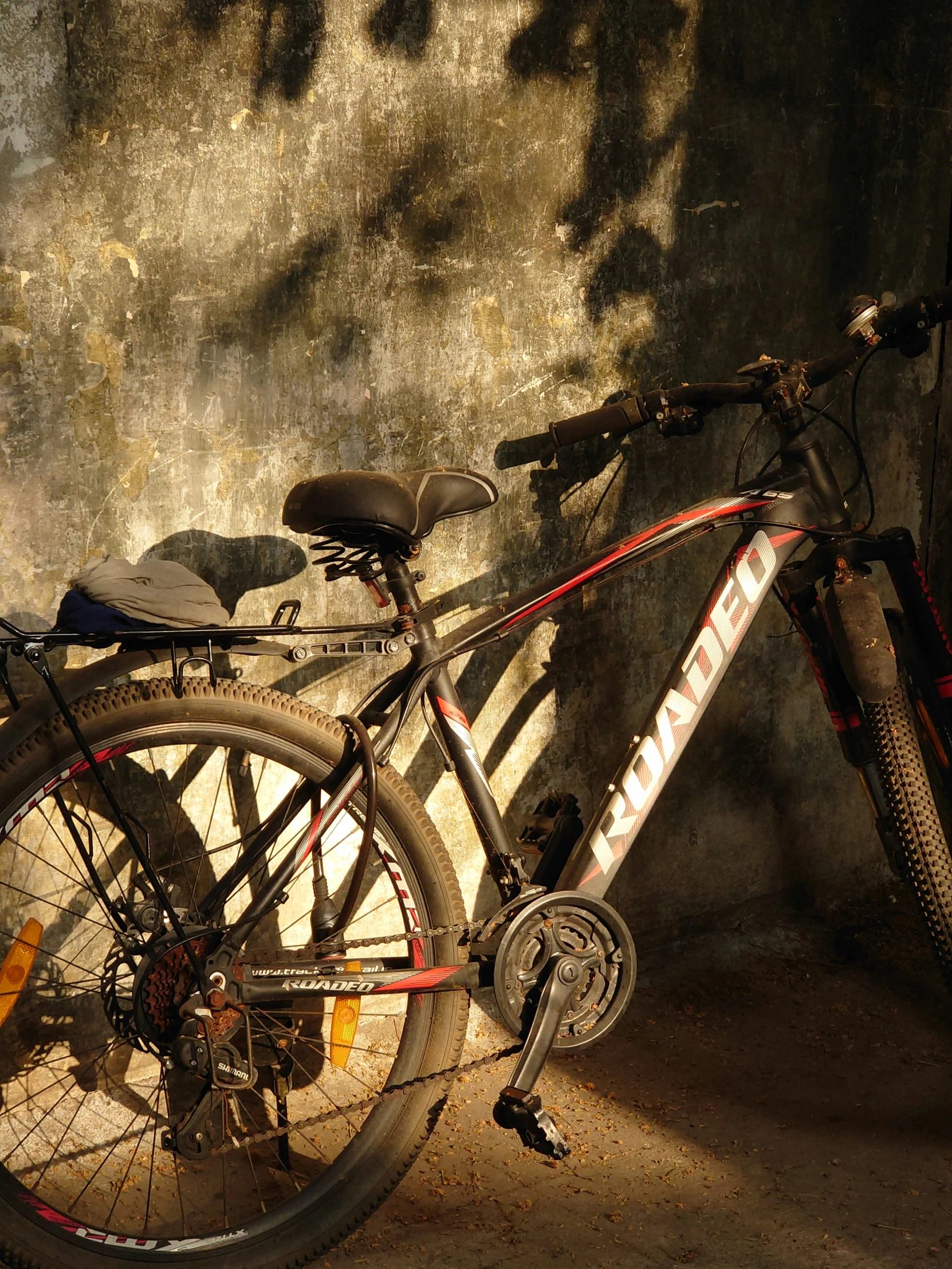 a bicycle leaning against a wall in front of it