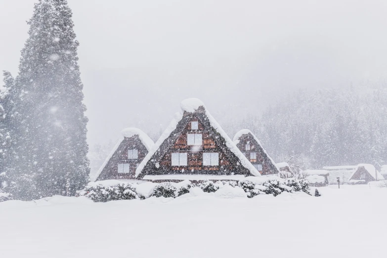 a cabin in the middle of the snow near trees