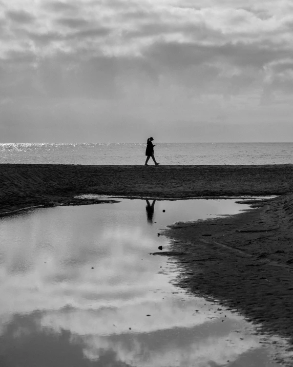 a person walking on the shore at low tide