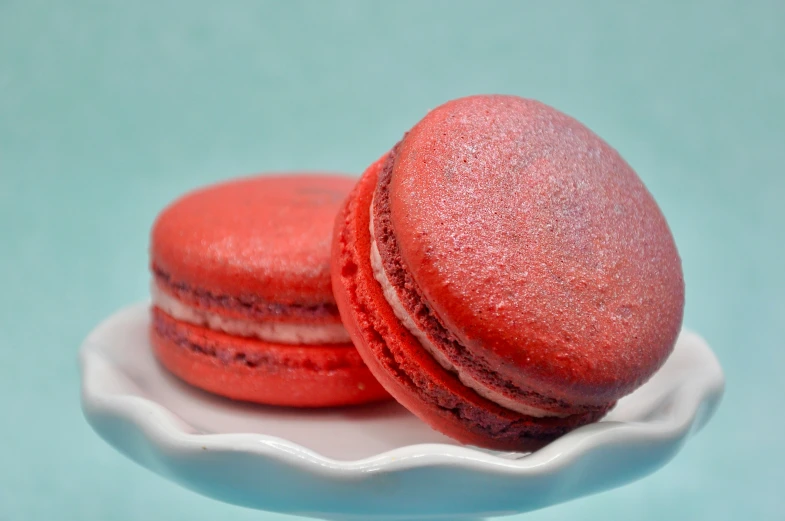 three raspberry macarons on a white plate