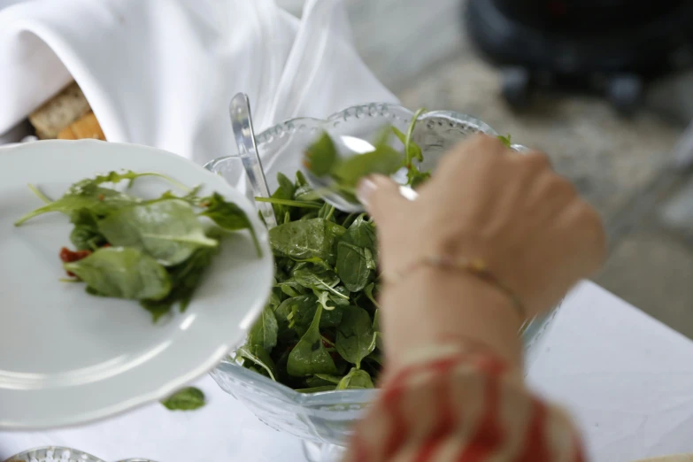 the woman is serving green leafy salad