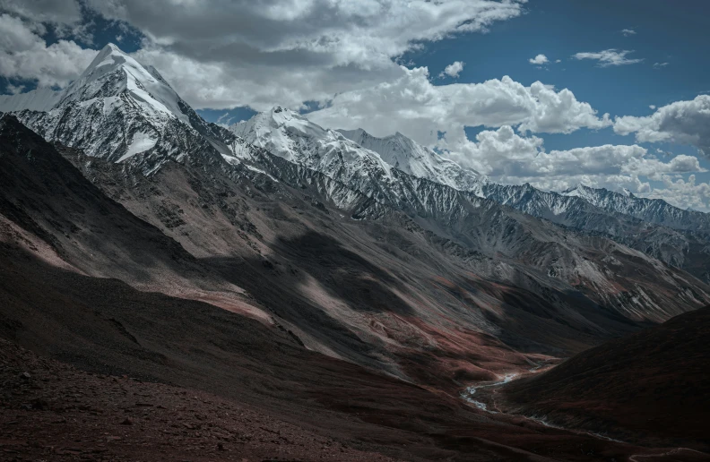 some mountains with snow and clouds in the sky