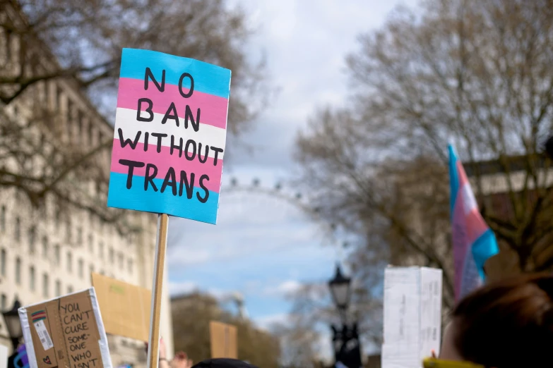 a protest sign on a wooden board with colorful protest signs behind it