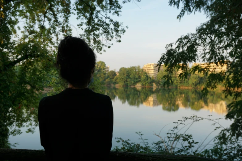 person sitting on a tree looking out to the water