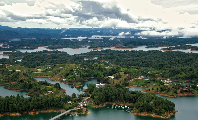 an aerial view of a large island with many docks