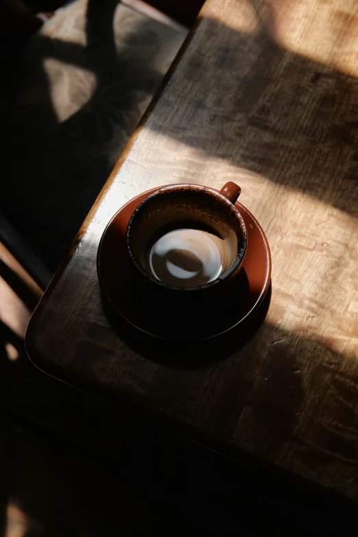 a cup of coffee on a table with the sun shining in