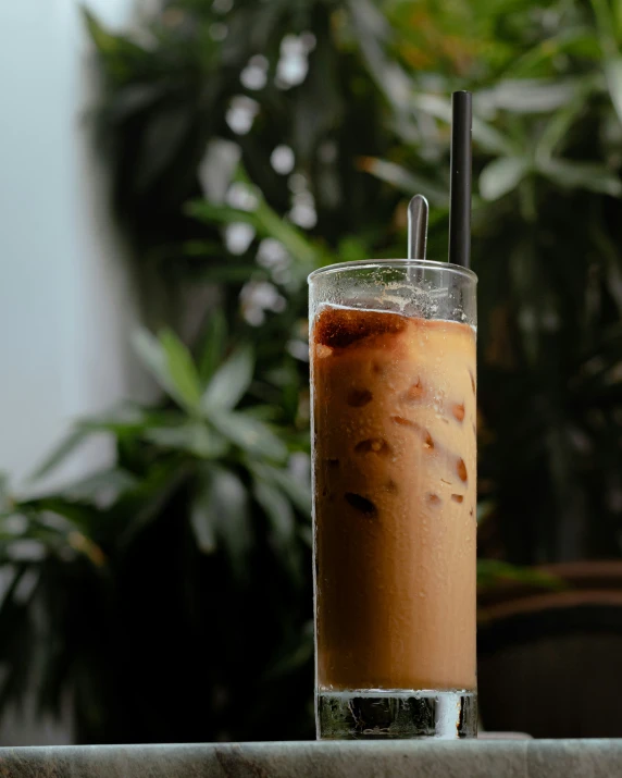 a tall glass with some drink and some plants