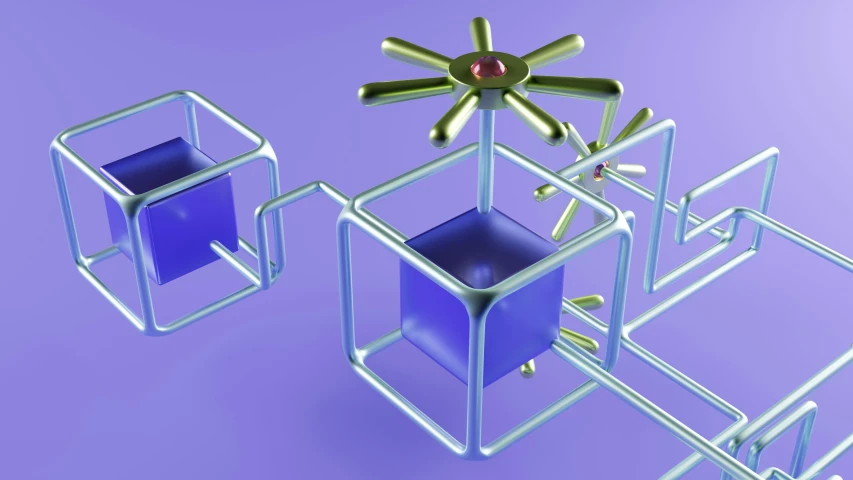the three metal structures have a blue container with a purple container