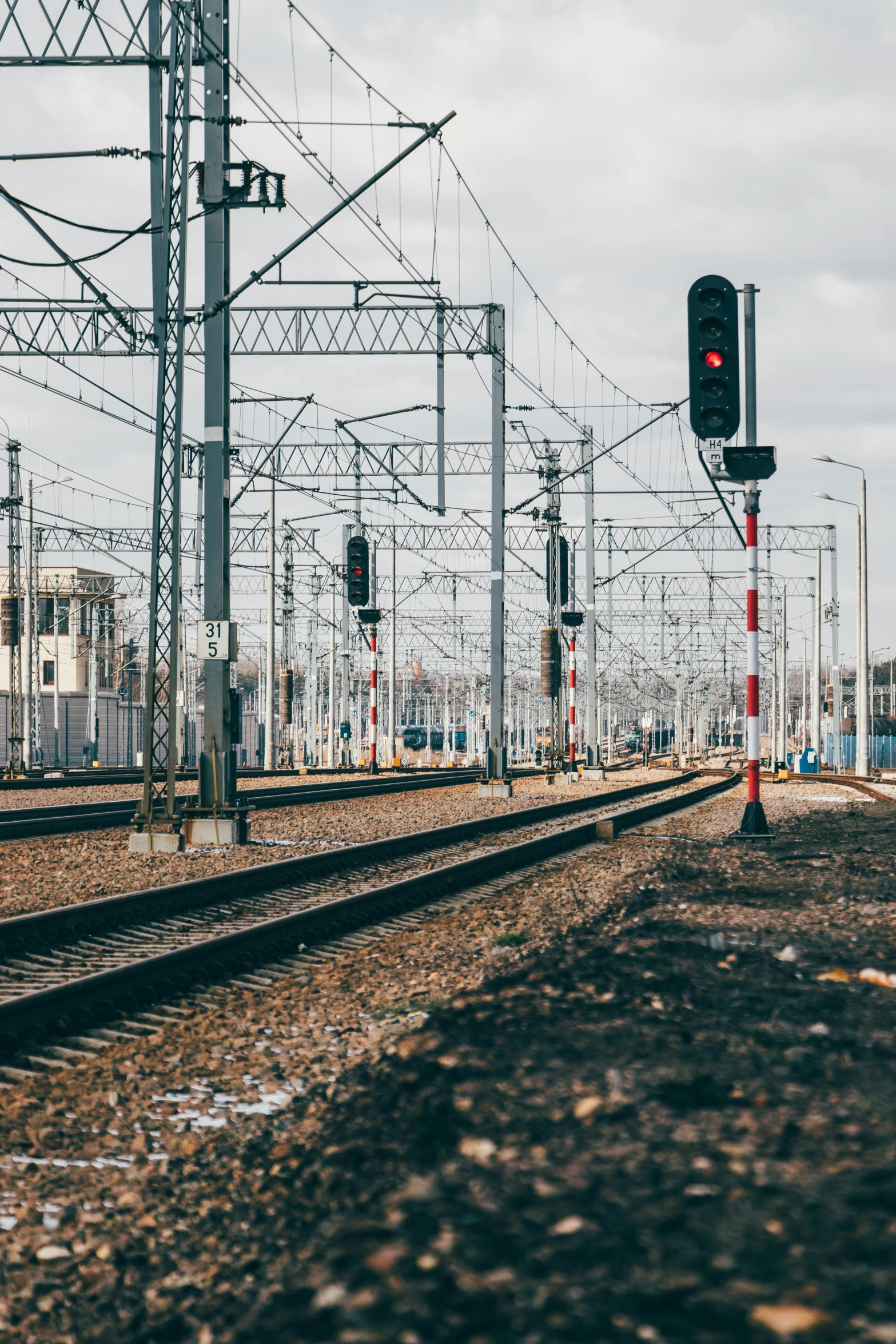 some tracks in front of many power lines