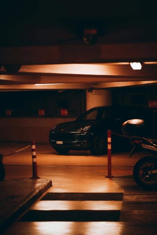 a car is parked in a parking garage